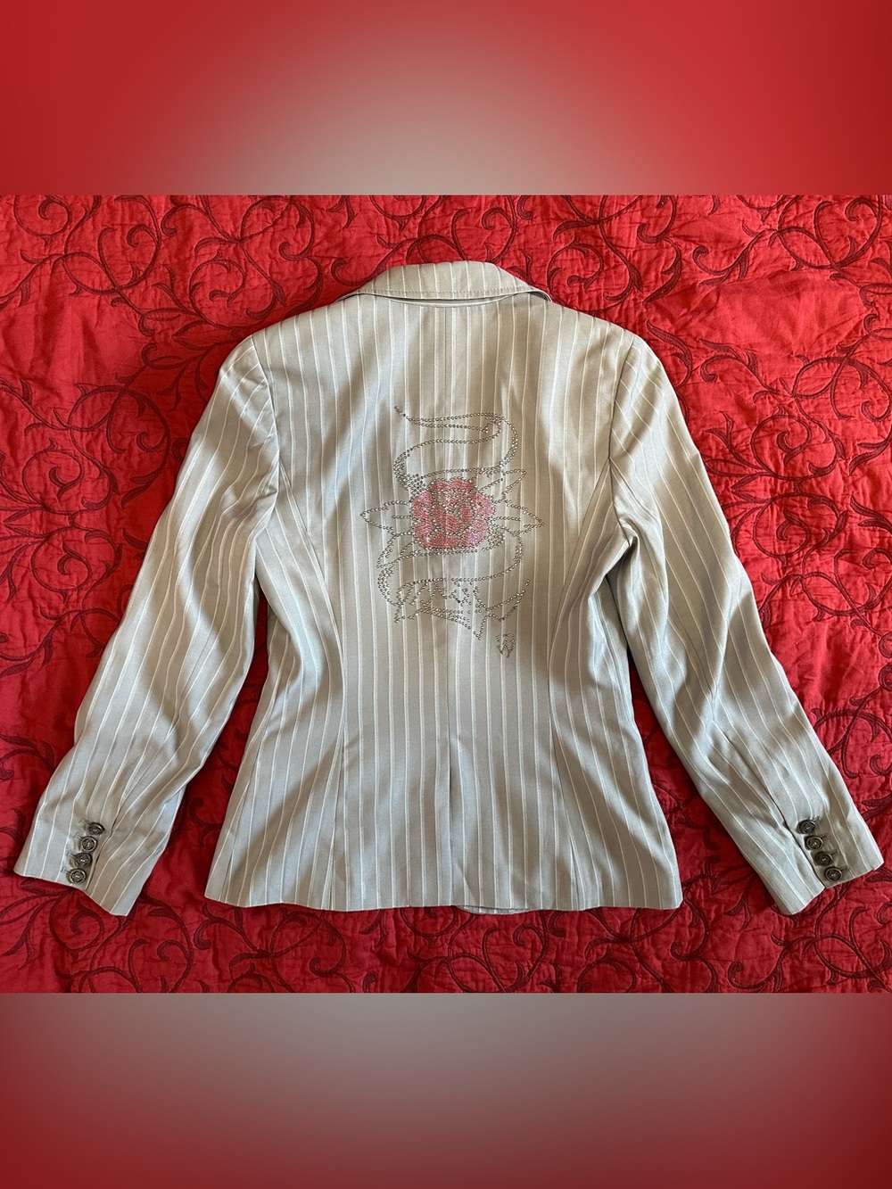 Women's Cream Pinstripe Blazer with Pink Rhinestone Back Motif